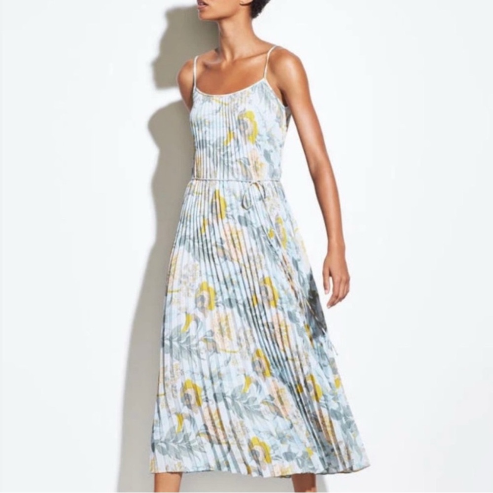 Vince Floral Pleated Midi Dress - marine garden in surf mist